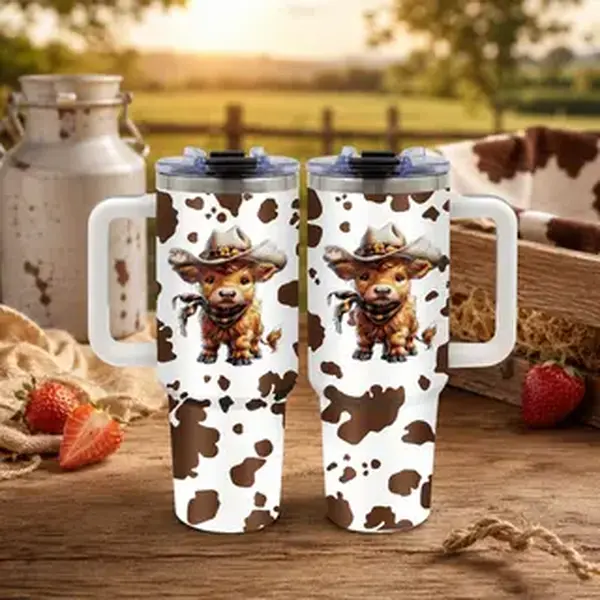 1PC 40oz Cow Print Cylindrical Modern Highland Cattle Quencher Tumbler - 1-Piece Stainless Steel Heat Resistant Insulated Water Bottle with Lid & Straw, Portable Vacuum Flask Travel Drinkware, Ideal Easter Gift for Cow Lovers