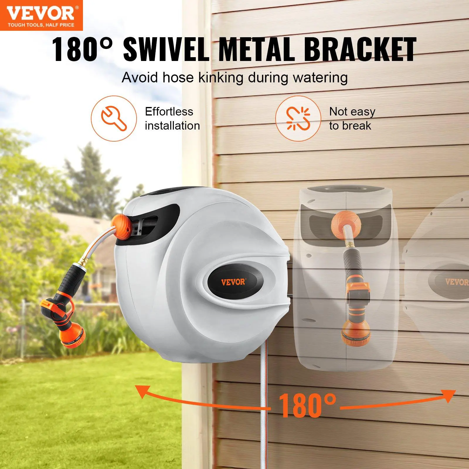 VEVOR Retractable Hose Reel, 65-130FT  Garden Lawn Water Hose Reel  5/8 or 1/2 inch Hose diameterwith 9-Pattern Nozzle, 180° Swivel Bracket Wall-Mounted, Automatic Rewind, Lock at Any Length, with Slow Return System Durability