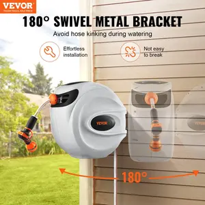 VEVOR Retractable Hose Reel, 65-130FT  Garden Lawn Water Hose Reel  5/8 or 1/2 inch Hose diameterwith 9-Pattern Nozzle, 180° Swivel Bracket Wall-Mounted, Automatic Rewind, Lock at Any Length, with Slow Return System Durability