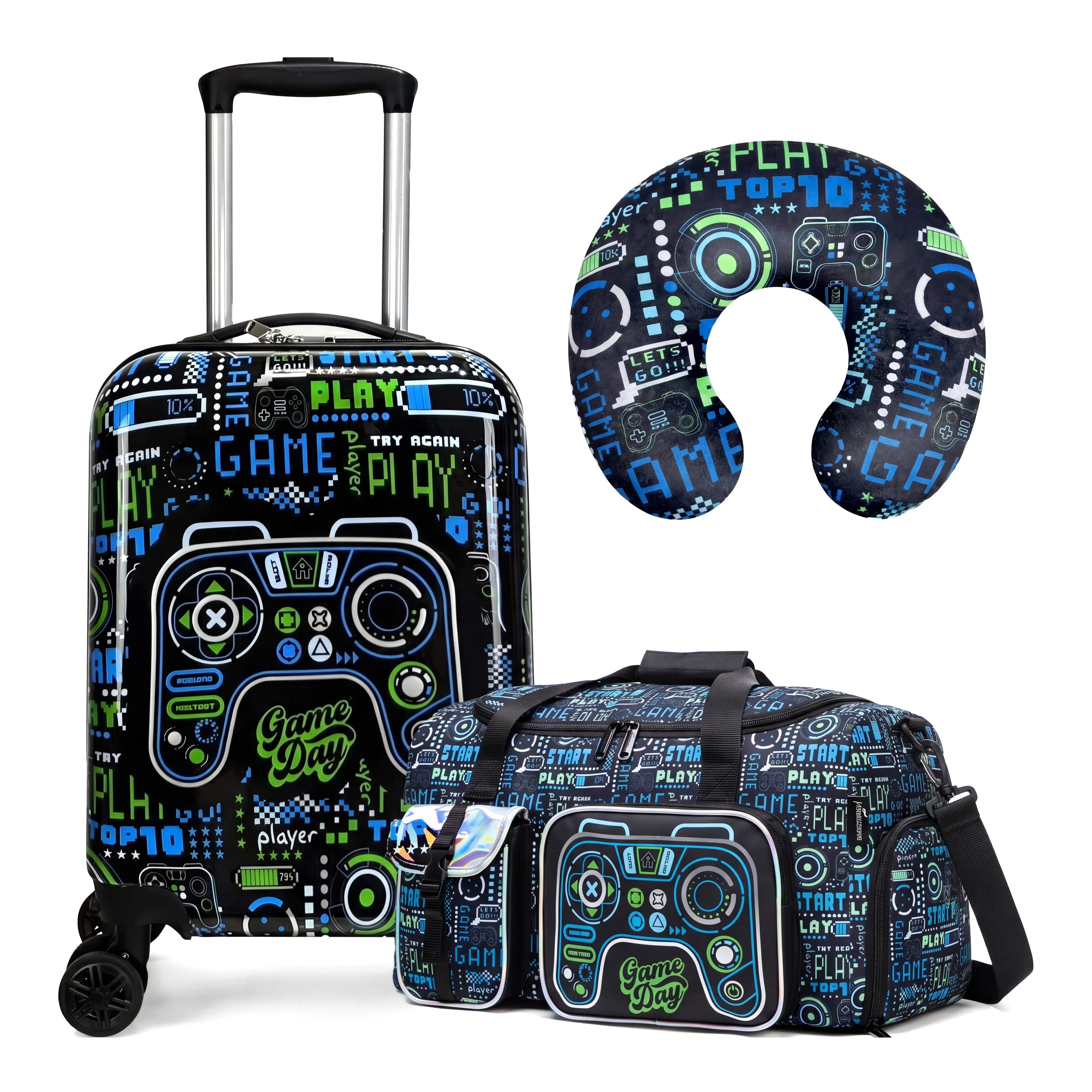 3-in-1 Cool Game Controller Travel Suitcase Set, Neon Green & Black Gaming Duffel Bag with Pillow, Portable Shoe Pouch – Cool Stuff for Teen Boys Overnighter Luggage Combo (Holiday/Birthday Gift)