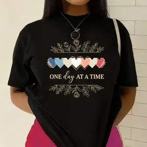 One Day At A Time' Colorful Heart Line Art Print T-shirt Healing Inspirational Casual Top