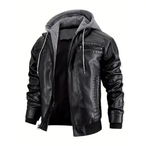 Men's Premium Faux Leather Jacket, with Zipper Pockets and Drawstring Hood - Vintage Style, Non-Stretch Fabric Menswear Coats Tops Long Sleeve Casual jacket jackets western clothing business casual tops