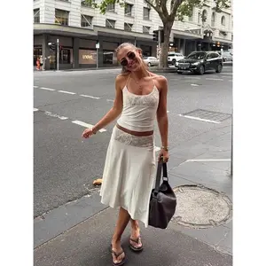 Sexy Lace Patchwork Sling Top Irregular Skirt Suit Women Cropped Halter Tops Pleated Skirts Set Lady Summer Holiday Outfit