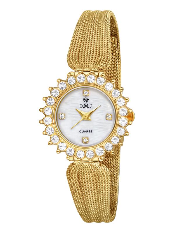 O.M.J G090 Women's Vintage Elegant Wristwatch - Gold Mesh Band Stainless Steel Strap with Buckle, Crystal Accents, Analog Round Dial, 12 Months Warranty, << 30M Water Resistance Fashion Watch