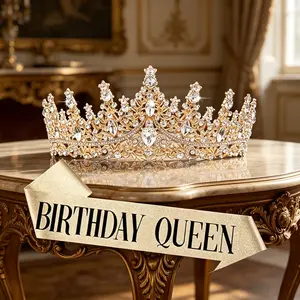 Crystal-Embellished Gold Crown for Women - 2-Piece Set Bundle, 1-Size Fit, Princess Look Birthday Queen Hair Accessory for Wedding Bridal, Party Costume Gifts, Photo Props