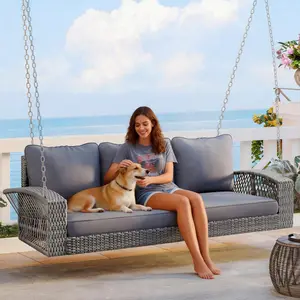 GO 69" PE Wicker 3-Person Porch Swing with Chains, Large Patio Swing Bench with Cushions for Backyard, Garden, and Poolside, Brown/Gray