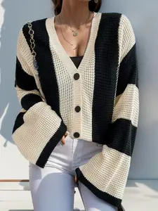 Colorblock Striped V-Neck Knit Cardigan, Patchwork Loose Short Coat, Casual Fashion Top for Women