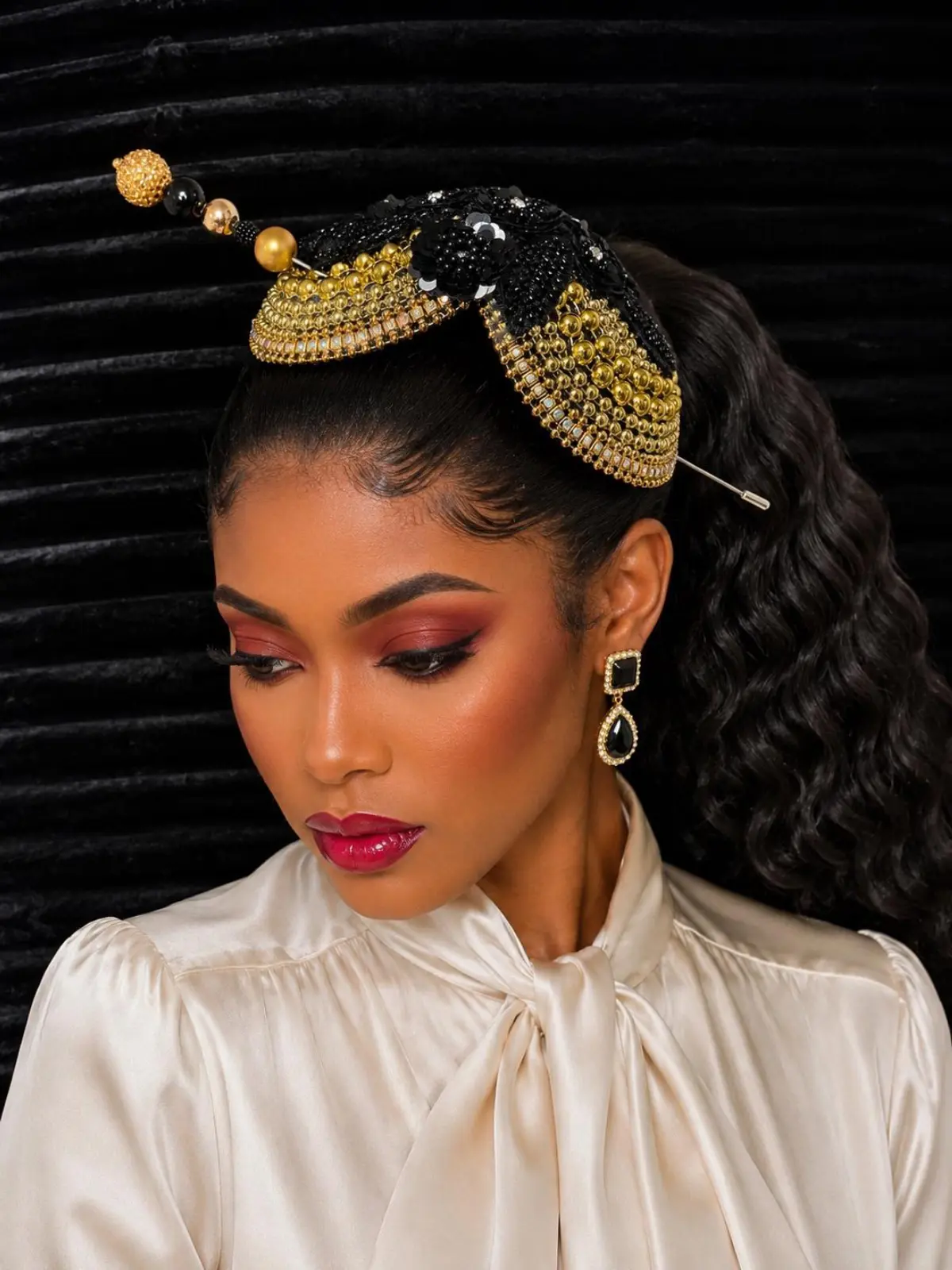 Elegant black and gold fascinator hat with sparkling beads, sequins, floral details, and rhinestone accents. Perfect for church, weddings, t