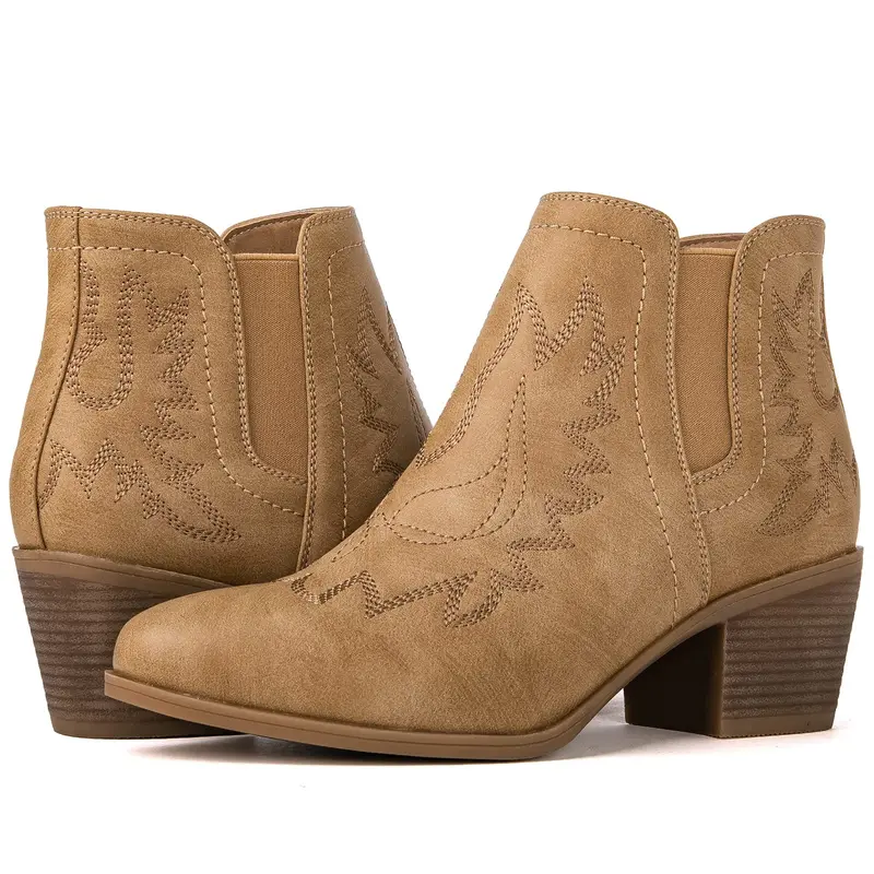GLOBALWIN Women's Khaki Pull-On Cowgirl Ankle Boots - Western Round Toe, Classic Embroidery, Velvet Design, Manmade Outsole, Rough-And-Ready Detail, Cowboy Walking Shoes for Women with Cowgirl and Outlaw Style, Hi-Poly Fall Footwear