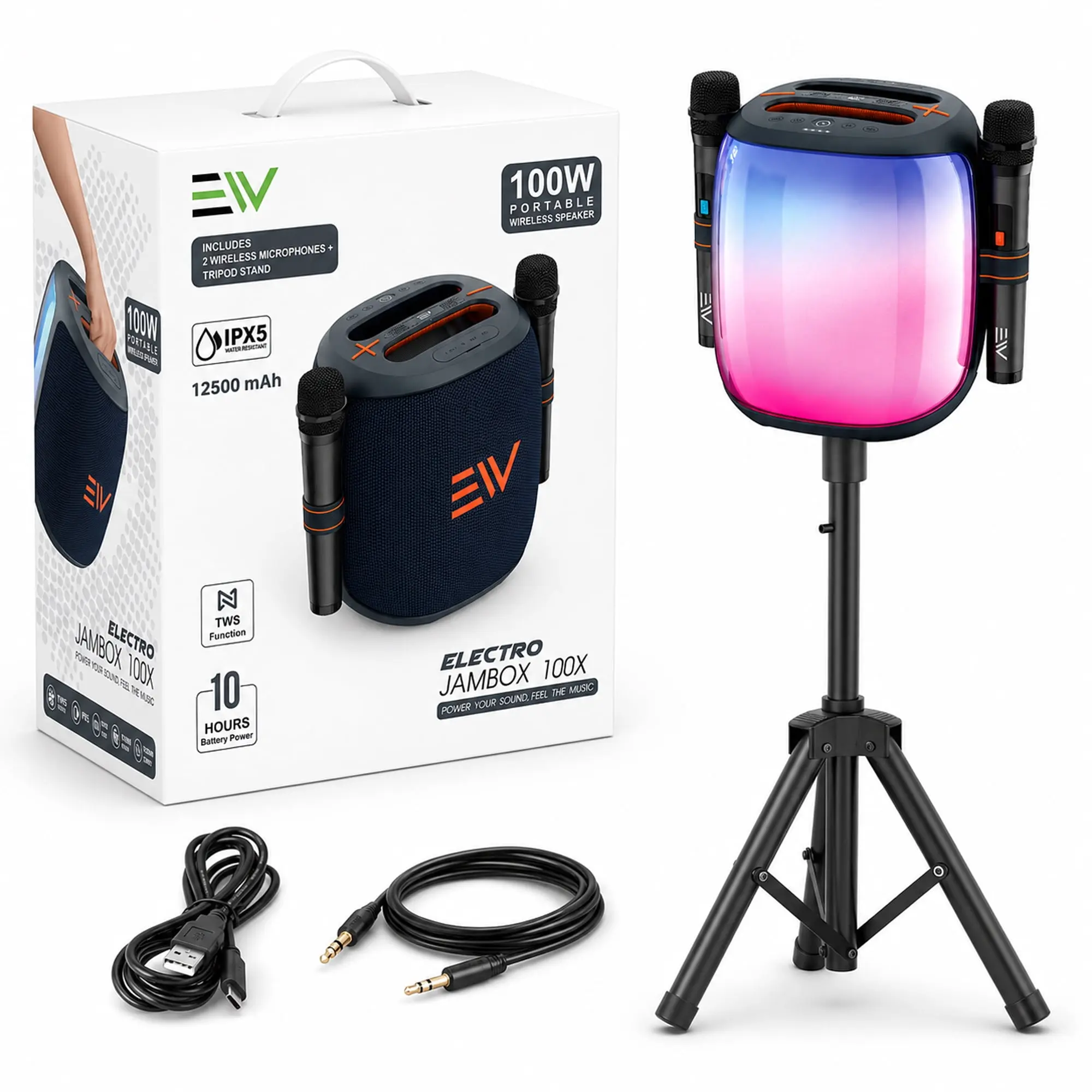 100W Portable Bluetooth Speaker with 2 Wireless Microphones, RGB Party Lights, Deep Bass, Bluetooth 5.3, TWS Stereo, Karaoke Speaker for Outdoor Parties