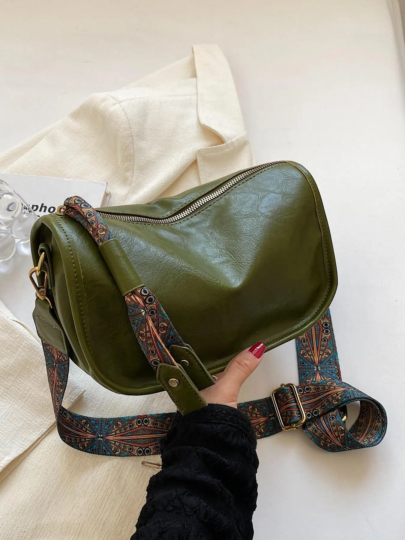 Women's Fashionable Plain Color Soft PU Leather Crossbody Bag With Ethnic Print Strap, Trendy Large Capacity Shoulder Bag For Daily & Work Used