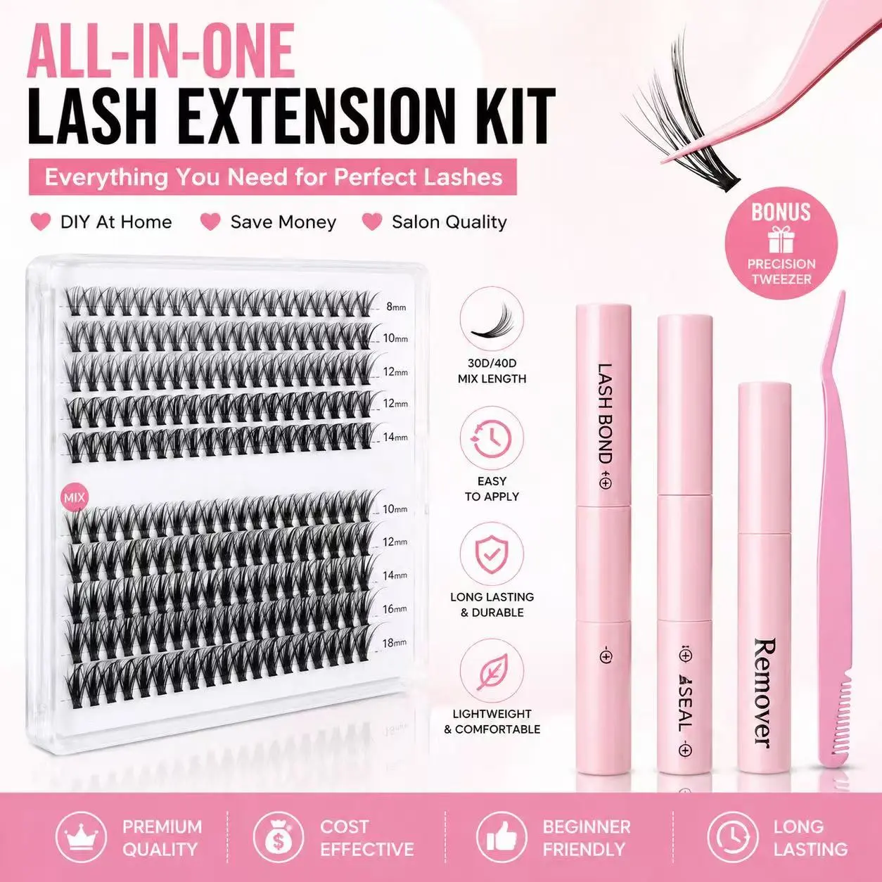 1 Box 240 PCS Mixed Length Individual False Eyelashes Kit, DIY Eyelash Extensions, Natural-Looking Eyelash Extensions with Accessories, Self-Grafting Curling Lashes for Women, Makeup Products