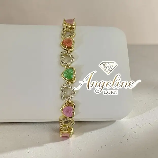 Pulsera #1223 corazón multicolor Laminado 14k capas Oro Real Alta Calidad Uso Diario