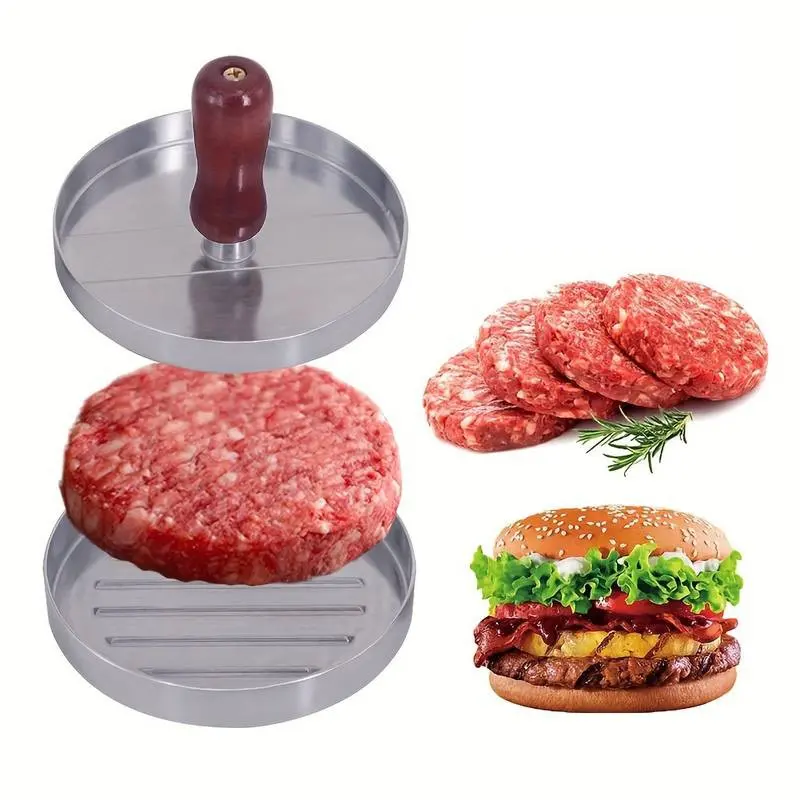 Aluminum Wood Handle Non-Stick Meat Presser, No Power Needed, Ideal for BBQ and Outdoor Cooking, Creative Kitchen Tool for Beef, Squid, Cheese, Veggie Burgers, Utensils, Kitchen Gadget, Kitchenware