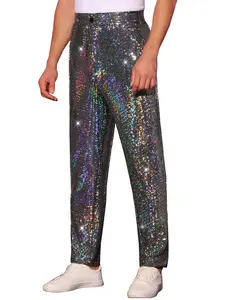 INSPIRE CHIC Men's Party Disco Shiny Sparkly Straight Leg Trousers Sequins Pants
