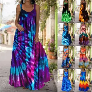 2025Plus Size Dresses Whirlpool Print Dress Bohemian off-the-Shoulder Strap Mopping Skirt Summer Casual Womenswear Boho