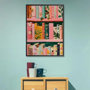 5D Full Drill Diamond Painting Kit, Floral Bookshelf Art, Colorful Pastel Book Lover DIY Wall Decor Craft
