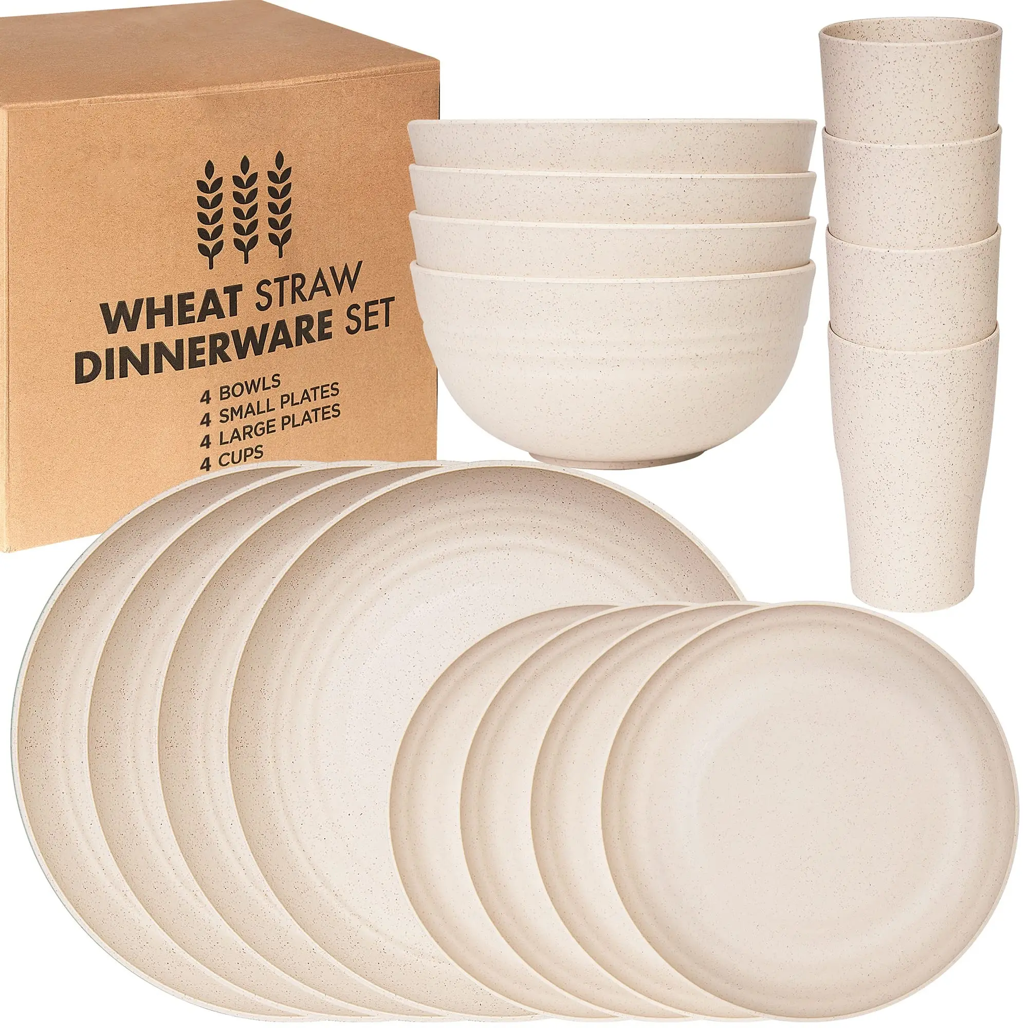 16pc Wheat Straw Dinnerware Sets,Dish Sets for 4,Plates and Bowls Set Dishwasher Safe,Unbreakable Dinnerware,Reusable Tableware Set,Beige Color 8pcs Plates, 4pcs Bowls, 4pcs Cups，Eco-friendly Coffee Cups for Party, Picnic, Travel, and Events