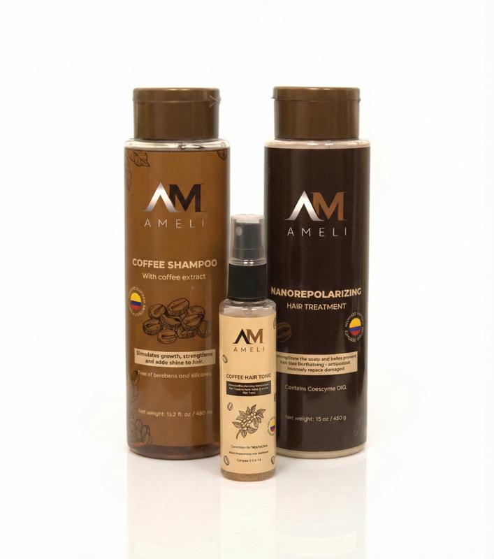 AMELI KIT SHAMPOO TRATAMIENTO NANOREPOLIZADOR Y TONICO DE CAFE Haircare with Coffee Extract for Daily Use Cleanser & Conditioner Haircare Daily Use Daily Use Haircare