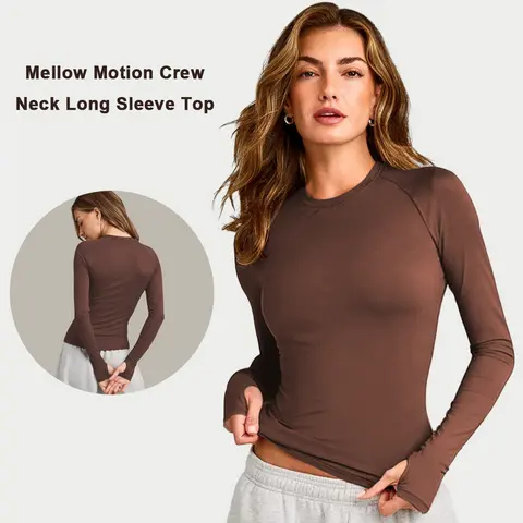 DEEFY Mellow Motion Crew Neck Long Sleeve Top Women Workout Shirt Fitted Athletic Activewear Yoga Gym Running Slim Fit Lightweight Stretch Layering Tee