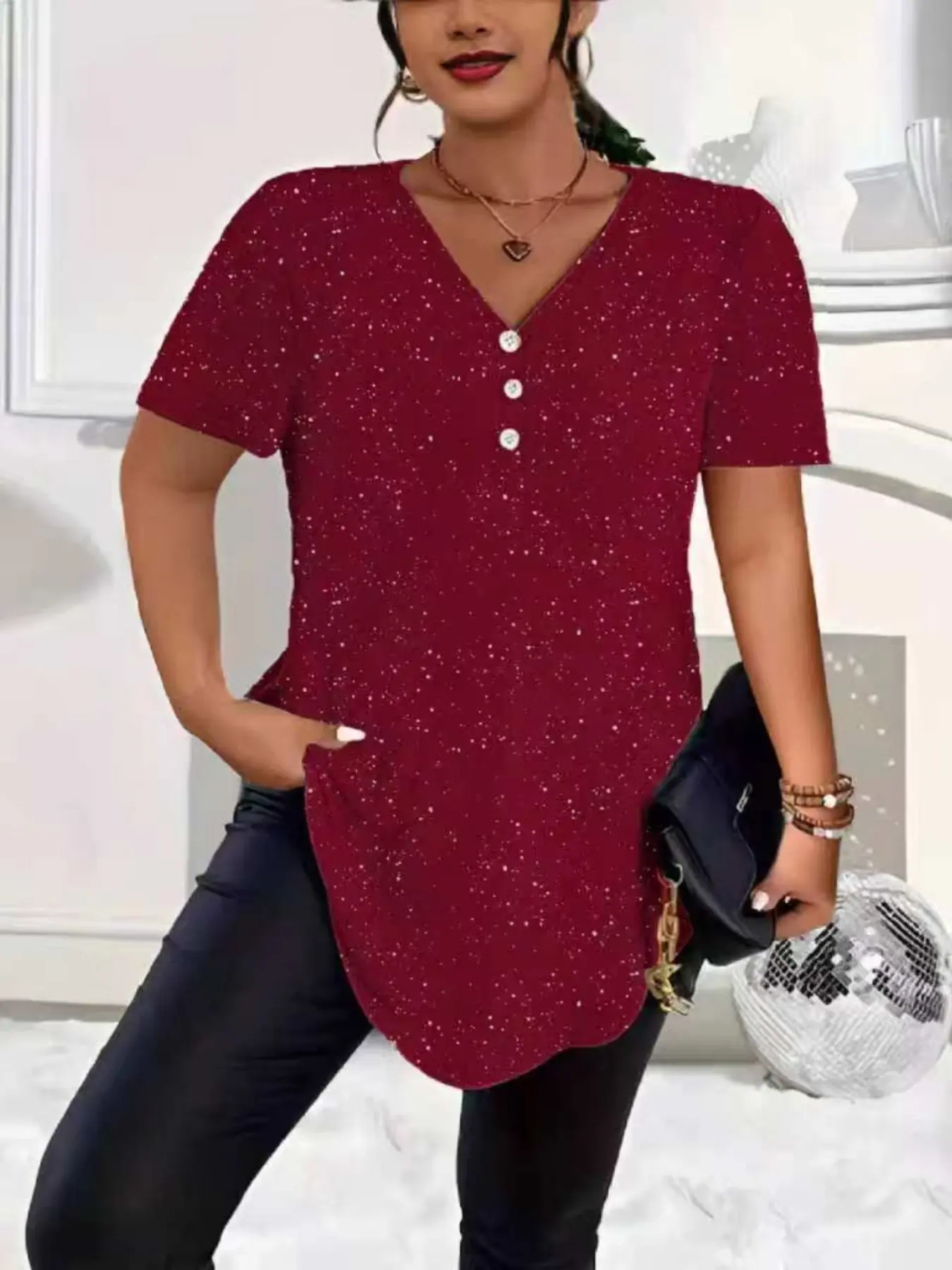 Plus Size V Neck Sequin Button Decor Short Sleeve T-Shirt, Elegant Aesthetic Loose-Fit Top, Multicolor Casual Wear, European Style, Womenswear
