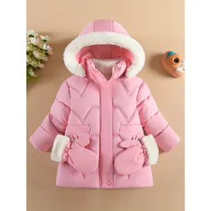 Girls' Pink Winter Snowsuit with Hooded Collar & Gloves - Cozy Mid-Length Jacket, Long Sleeve, Zip-Up, Lining, Flared Hem, Regular Fit, Fall/Winter Outerwear