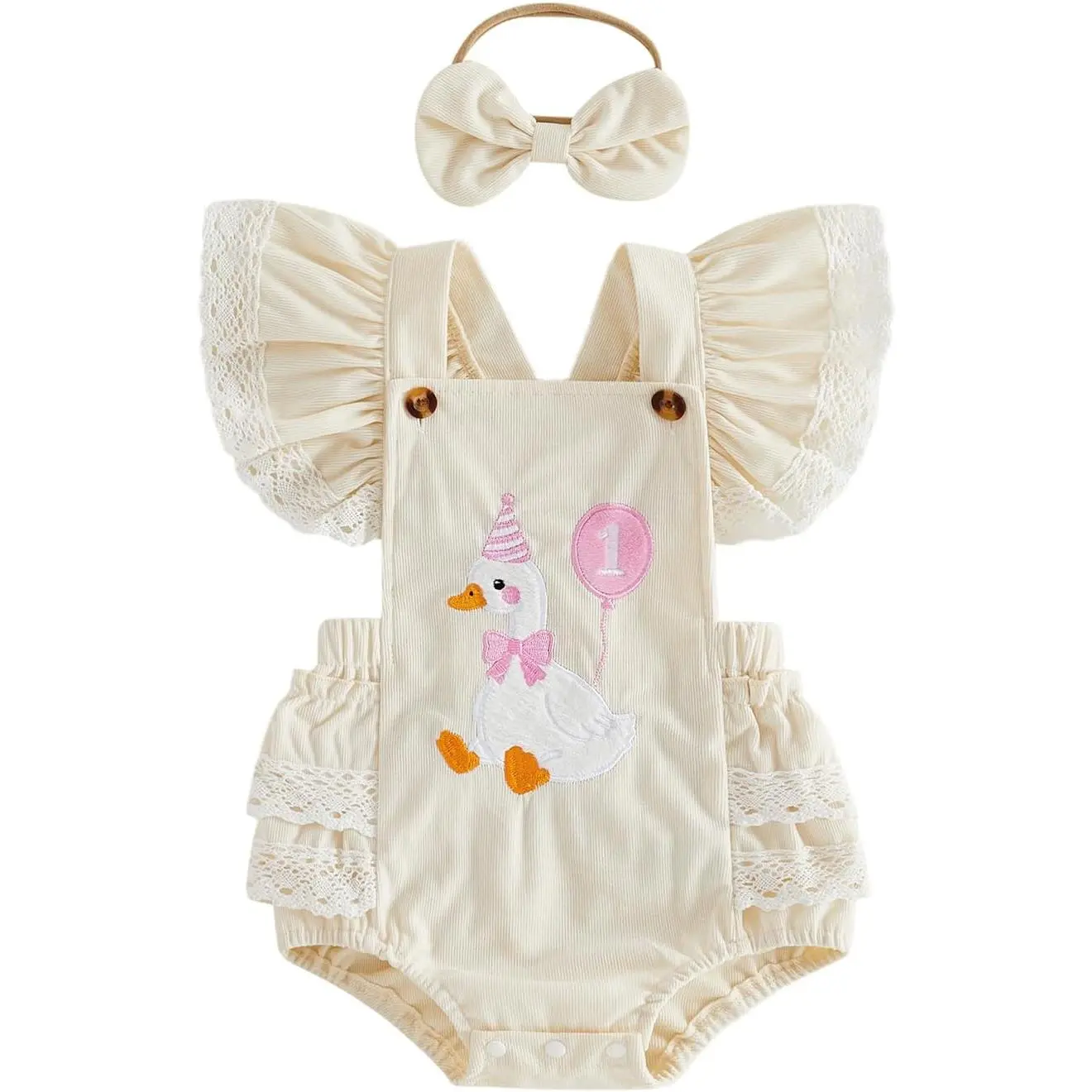 ST-35 Baby Girl Birthday Outfit Lace Fly Sleeve One Goose/Elephant Romper Backless Bodysuit Headband Cake Smash Outfit