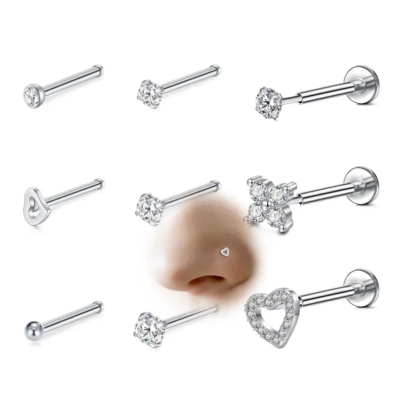 18g Threadless Nose Studs CZ Nose Rings For Women Labret Studs Push In Flat Back Stud Earrings Nose Nostril Tragus Helix Piercing Jewelry Body Jewelry Cute Jewelry Piercings Jewelry