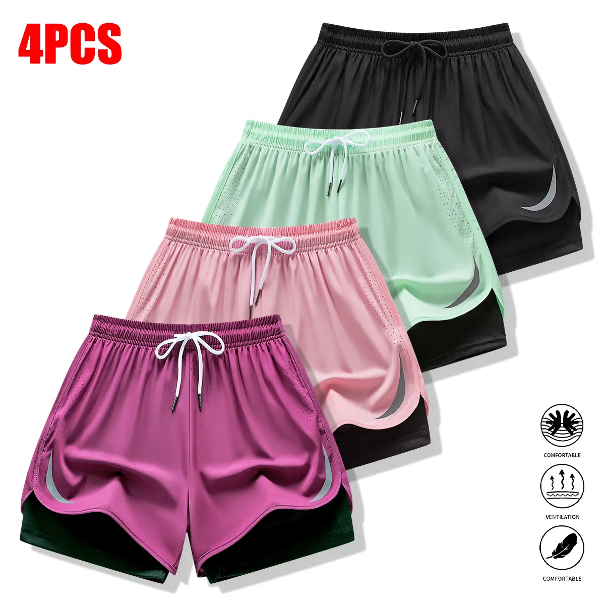 Women's 4-Piece Gym Fitness Shorts Combo, Minimalist Plain Drawstring Design, Elastic Waistband, Lightweight Jogging Workout Shorts for Sports/Yoga, Outdoor Outings, Lightweight Workout Shorts