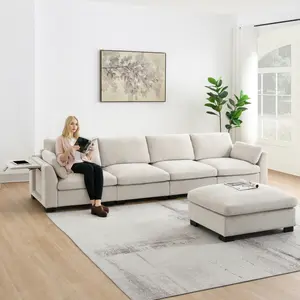 Sectional Couch Sofa L-Shaped with Folding Table and Dual-Port Charging, 130" Modular Sofa with Side Storage Pockets, 2 Armrest Pillows, Free Movement Ottoman, High Density Foam, Chenille, 5 Seat
