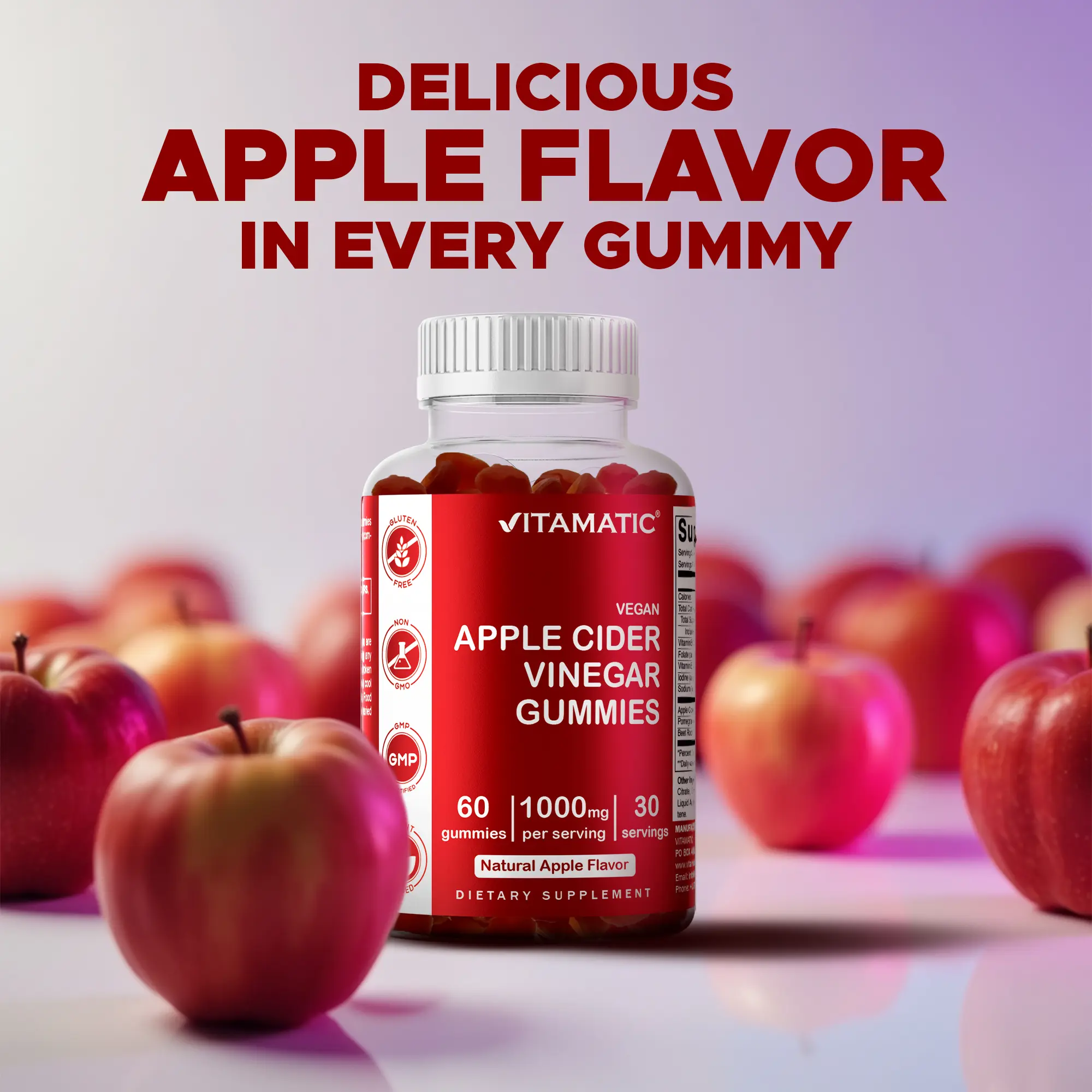 Vitamatic Apple Cider Vinegar Gummies - 1000mg per Serving - 60 Vegan Gummies Vitamatic Apple Cider Vinegar Gummies - 1000mg per Serving - 60 Vegan Gummies