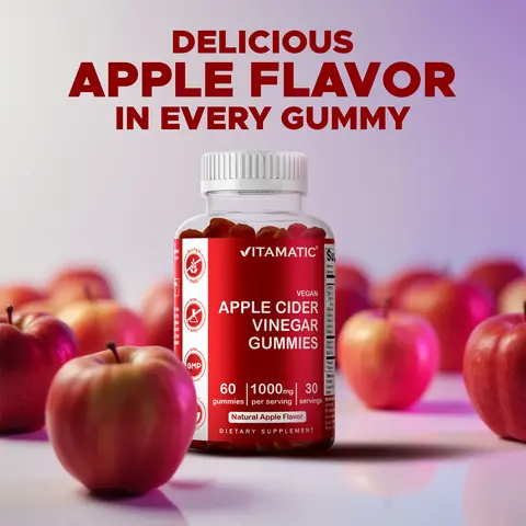 Vitamatic Cider Vinegar Gummies - 1000 mg Per Serving, 60 Vegan Edible Dairy-Free Dietary Health & Fitness Supplements