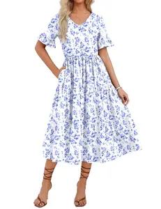 Zeagoo Live  Women's Summer Dresses Midi Tiered Casual Dress Floral V Neck Ruffle Short Sleeve Flowy Beach Dress with Pockets