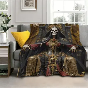 Gilded Santa Muerte Blanket  , Opulent Skeleton Monarch Flannel Blanket , Gilded Reaper Goddess Flannel Blanket  ,Luxurious Divine Art Decor ，Occult Art Bedroom Decor