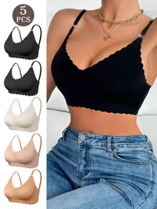 Women's Solid Scallop Trim Seamless Wireless Bra, Breathable Comfortable Smooth Adjustable Strap, Medium Support, Soft Casual Lingerie for All Seasons