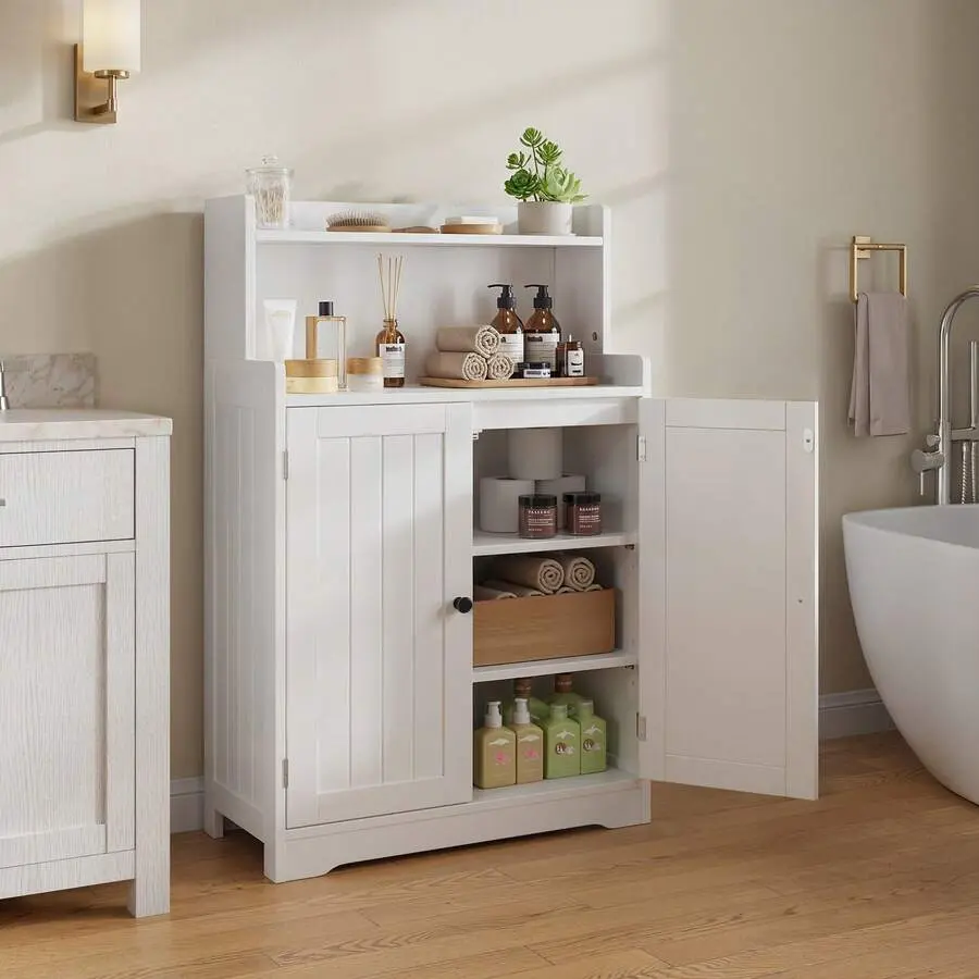 3-Tier Adjustable Freestanding MDF Wood Cabinet - Double Open Vertical Dresser with Sliding Tub Door, Handle, Requires Assembly for Kitchen Storage & Makeup Vanity Use