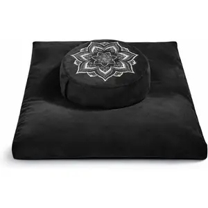 Meditation Cushion Set Zafu & Zabuton – Buckwheat Hull & Memory Foam, Adjustable Floor Pillow for Yoga, Meditation & Sitting, Removable Velvet Cover (Classic Black)