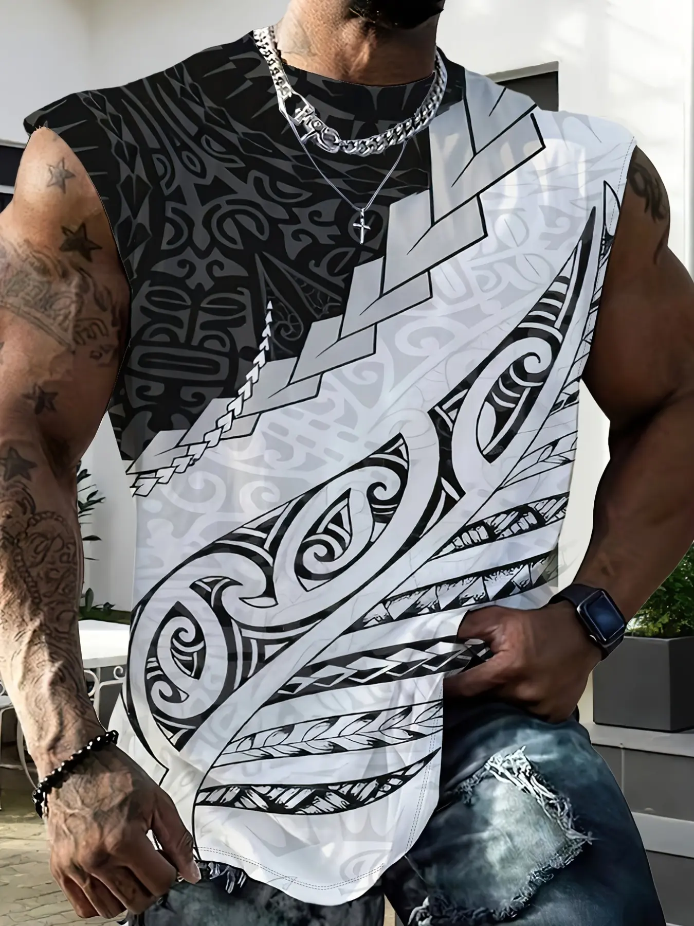 Men's Polynesian Style Sleeveless Vest, Summer Trendy Printed Sports Top, Fashion Street Casual Men's Clothing, Loose-Fitting All over Print, Yoga Sports Vest, Workout Vest, Athletic Workout Clothing, Sports Apparel, Sport Vests, Activewear Sleeveless