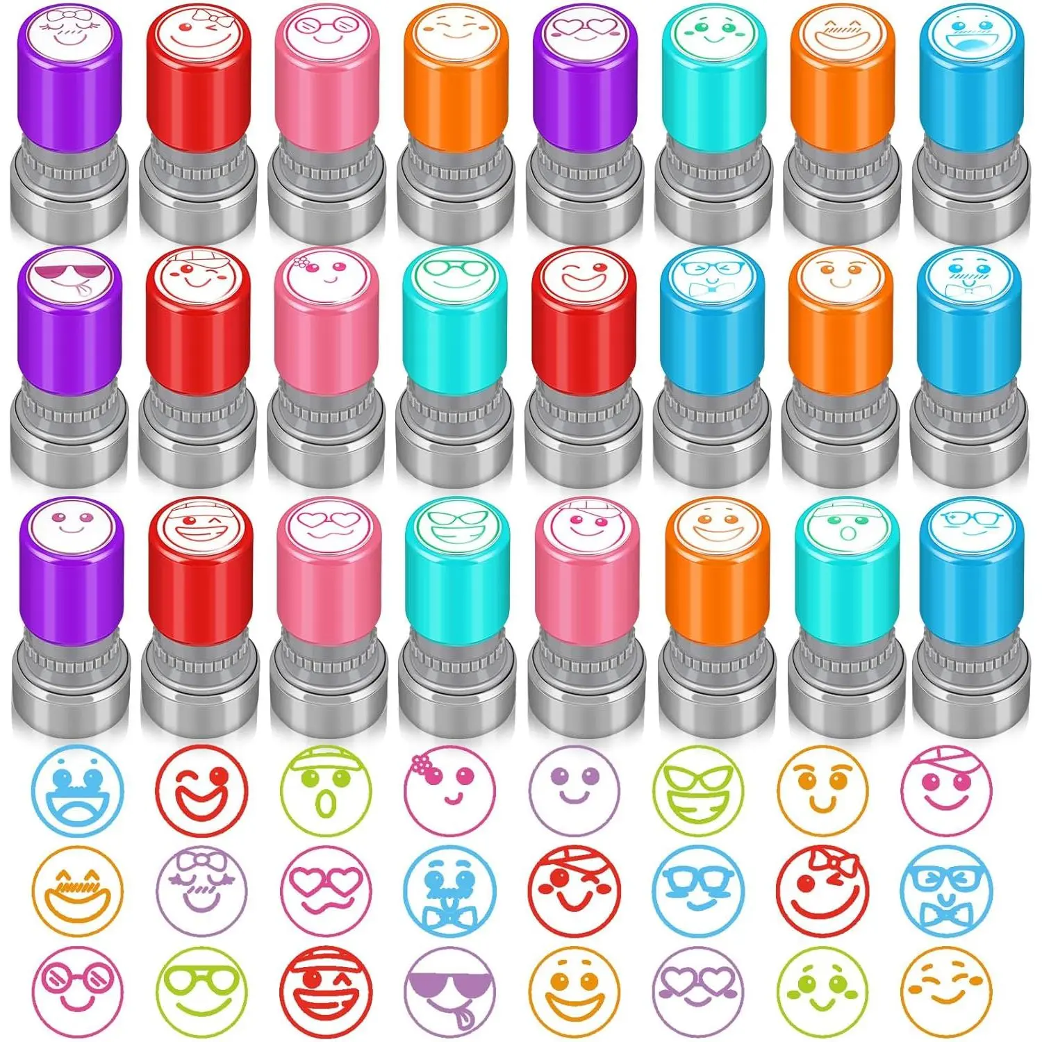 24 Pcs Bulk Lid-Equipped Self-Inking Teacher Stamps - Colorful Motivational Classroom Stamps with Different Interesting Designs, Easy to Hold for Elementary Teachers, Ideal for Correcting Homework & Cultivating Good Behavior (Bulk Packaging Included)