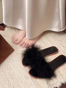 Women's Feather One-Strap Sandals, Fashion Open-Toe Flat Slippers, Casual Daily Wear, Vacation Outdoor Shoes, Comfortable Summer Footwear
