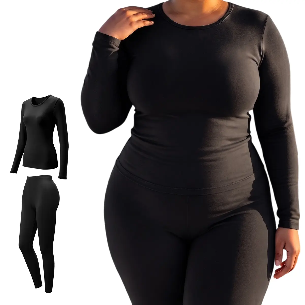 Women’s Thermal Underwear Set, Crew Neck Long Sleeve Base Layer Set, Soft Breathable Warm Thermal Tops & Bottoms, Skin-Friendly Stretchy Winter Base Layers, Solid Color Loungewear, S-5XL Plus Size