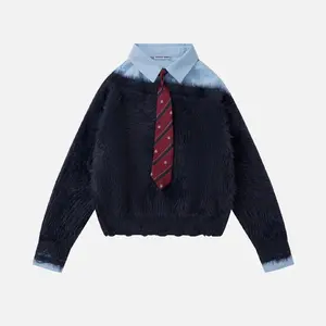 Aelfric Eden Tie Two Layer Sweater Unisex Trendy Streetwear Faux Fur Faux Shirt Collar Pullover Oversized Casual Stylish Warm Long Sleeve Top