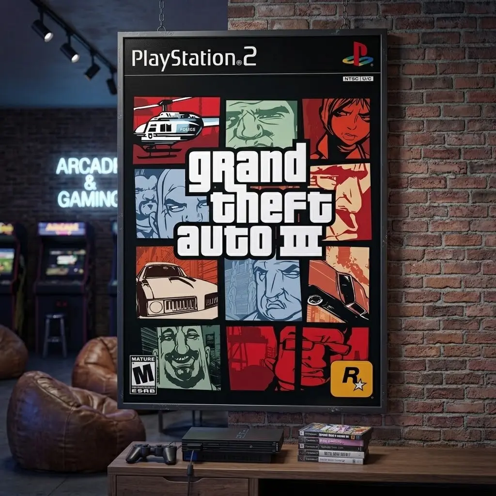 Grand Theft Auto III PS2 Poster, Retro Gaming Wall Art, PlayStation 2 Game Room Decor, Vintage Gamer Print, No Frame