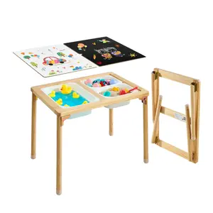 VEVOR Sensory Table for Toddlers, Foldable Wooden Kids Activity Table with Double-Sided Board, Storage Bins, and Non-Slip Feet, for Boys and Girls Playing Sand and Water, Drawing, Studying, Dining