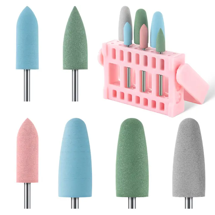 MelodySusie 6Pcs Polish Pedicure Nail Drill Bits with 16 Holes Bits Holder Set, Silicone Rubber Drill Bit for Pedicure Manicure Gel Grinding and Polishing