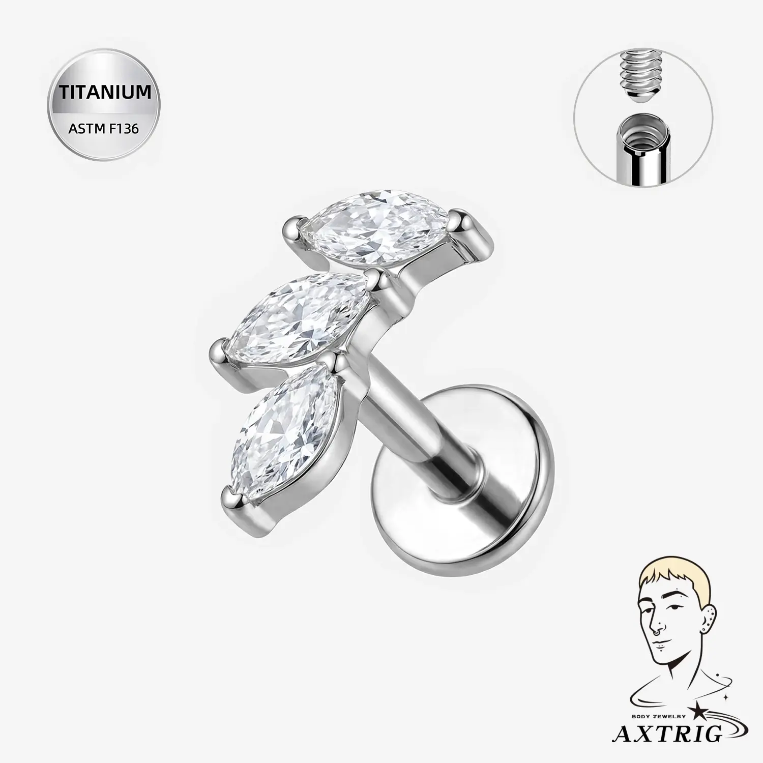Unisex 16G ASTM F136 Titanium Marquise Cut CZ Internally Threaded Flat Back Stud Earrings, Hypoallergenic Luxe Body Jewelry for Conch Piercings & Daily Wear, Flat Back Earrings