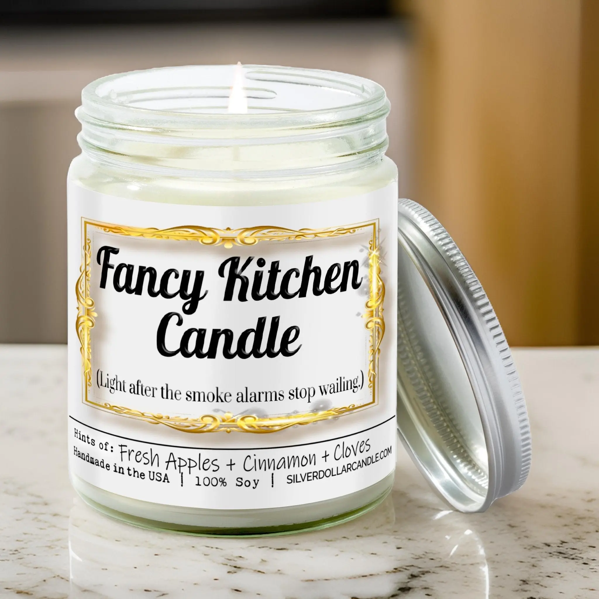 Fancy Kitchen Candle New Home Candle - 'Light After the Smoke Alarms Stop Wailing' | Orchard Spice Scent with Apple, Cloves, & Cinnamon | 9oz Soy Wax, Hand-Poured | Eco-Friendly