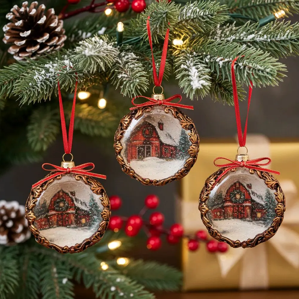 Rustic Red Barn Christmas Ornaments - Set of 6 with Red Bows and Gold Accents for Festive Decor