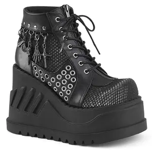 Demonia Stomp-18 Black Vegan Leather-Gray Velvet Ankle Boots