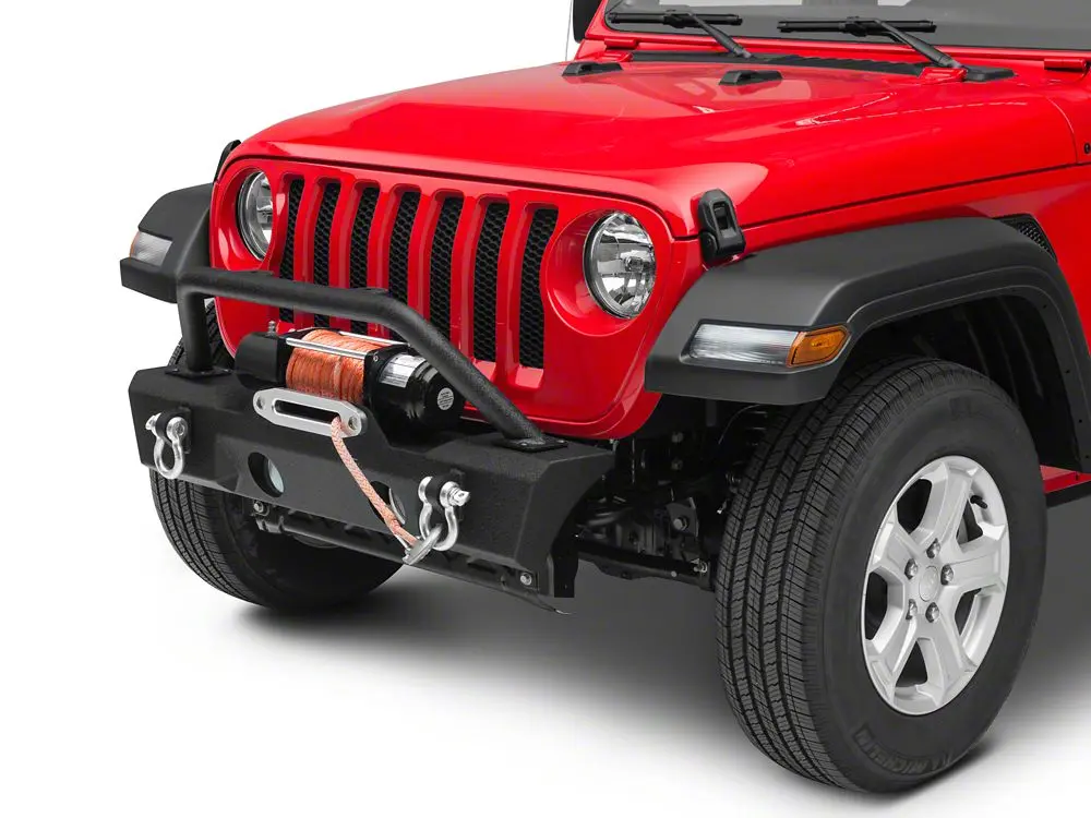 RedRock Attack Stubby Winch Front Bumper - Steel, Heavy Duty, Bolt-On Install, Built-In Winch Plate, Corrosion Res., High Strength D-Ring Mounts, Fog Light Mounts, Offroad Lights Compat, Over-Rider Hoop, for 18-25 Jeep Wrangler JL, Off Road Accessories